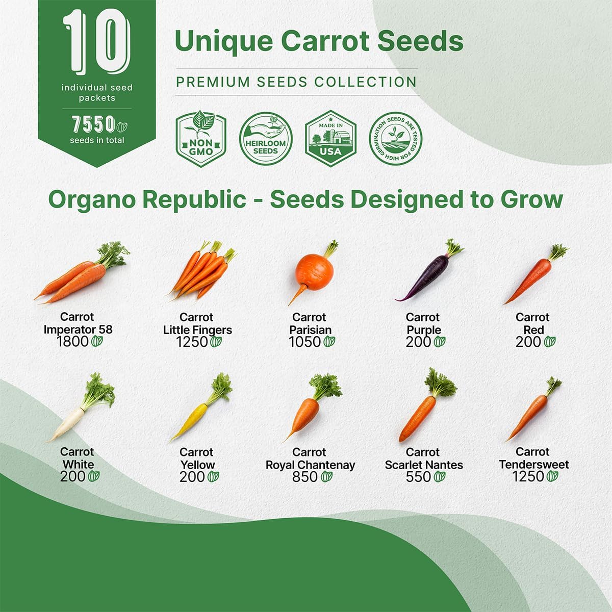 Organo Republic 10 Unique Carrot Seeds Variety Pack - 7,550+ Non-GMO Heirloom Carrot Seeds for