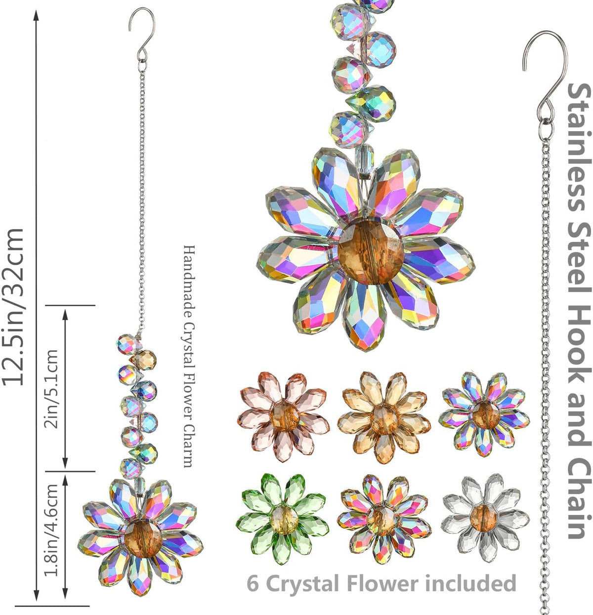 HDCRYSTALGIFTS 6PCS Crystal Sunflower Suncatchers Hanging Ornaments, Crystal Window Sun Catchers