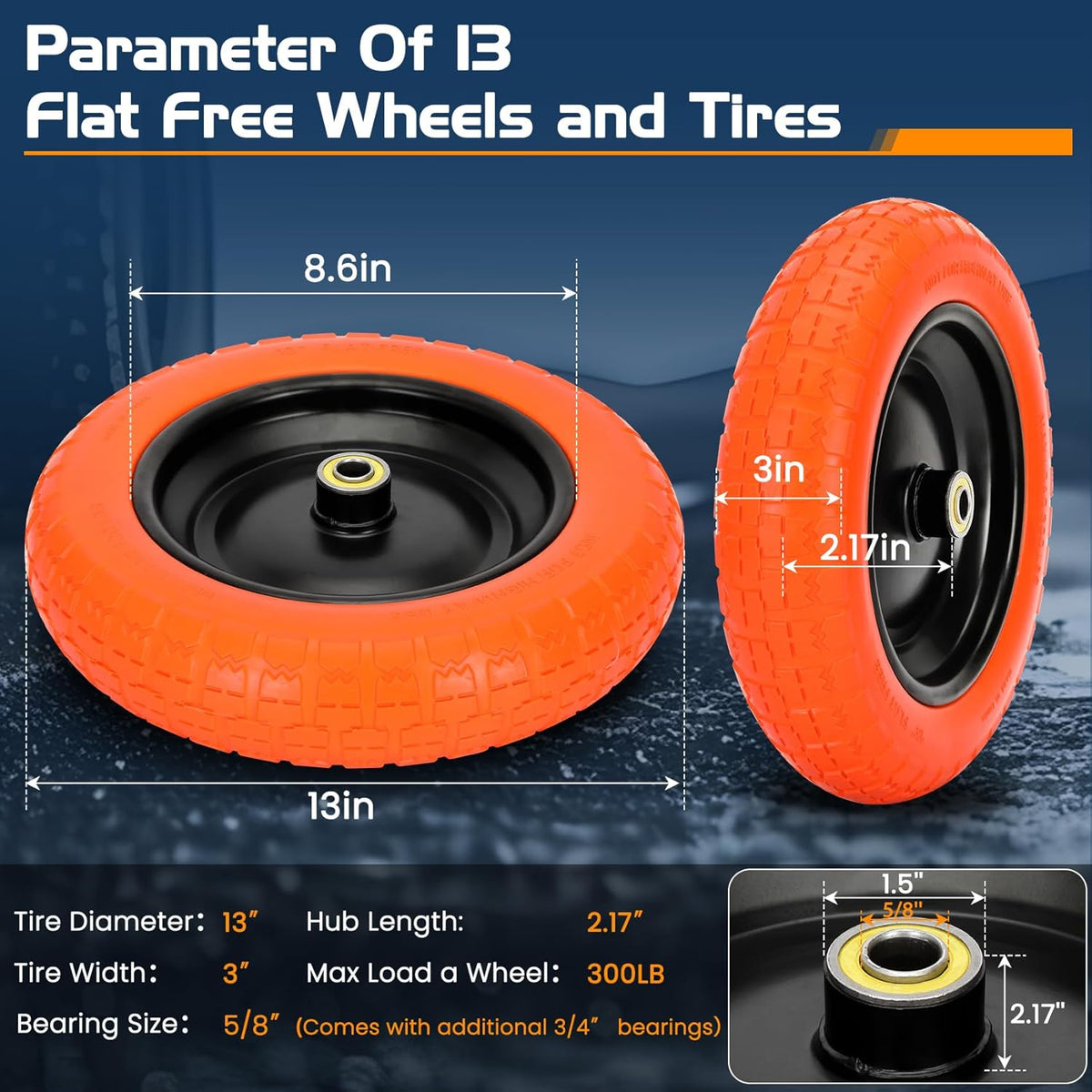 13" Flat Free Wheels Replacement for GOR Garden Cart Tires and Wheels, 4.00-6 Solid Tires and