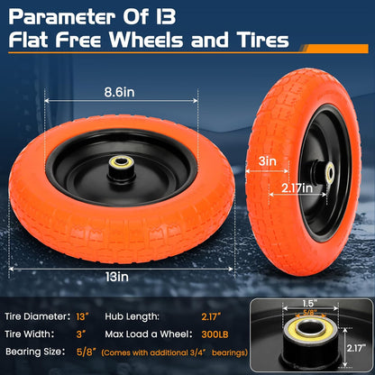 13" Flat Free Wheels Replacement for GOR Garden Cart Tires and Wheels, 4.00-6 Solid Tires and