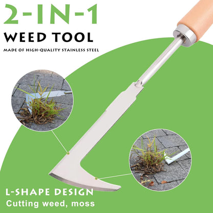 Crack Weeder, 12" Stainless Steel Crevice Weeding Tool with Wood Handle, L-Shaped Side-Walk Weed