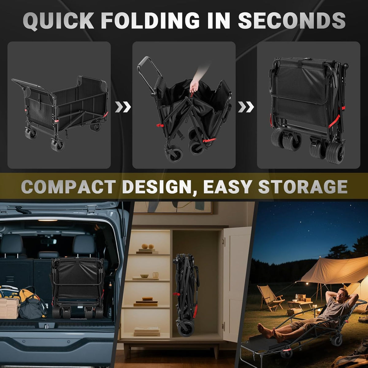 LEVELEVE Heavy Duty Folding Wagon - 2-in-1 Collapsible Cart, 650lb Capacity, All-Terrain Wheels