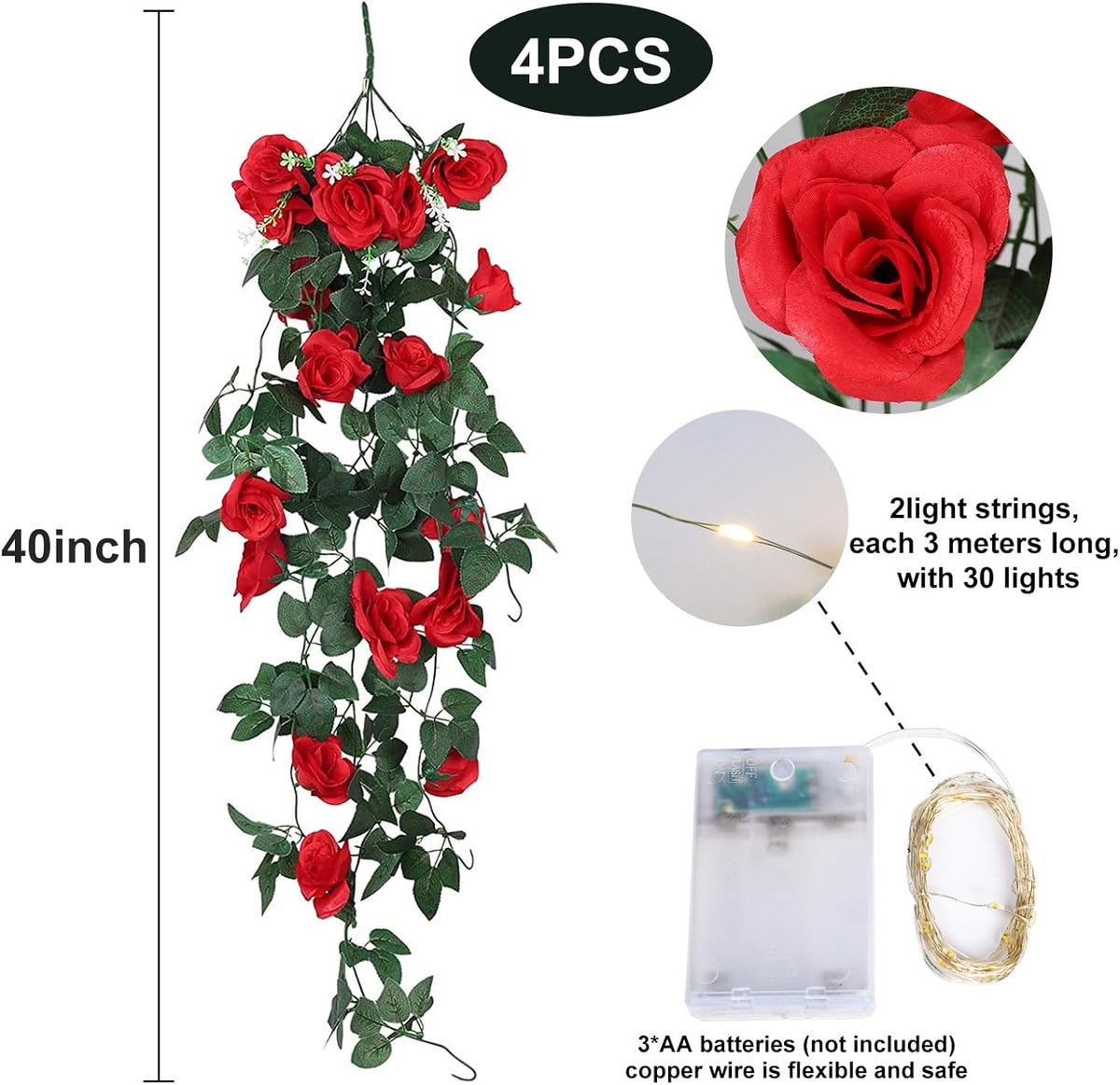 RECUTMS Hanging Rose Flowers Artificial Vines for Outdoors with 30 LED Fairy String Lights Indoor