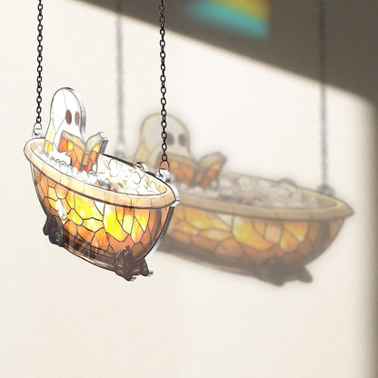 2 Boo Bathtub Acrylic Suncatchers, Gothic Cute Ghost Reading Book Window Hanging Ornaments