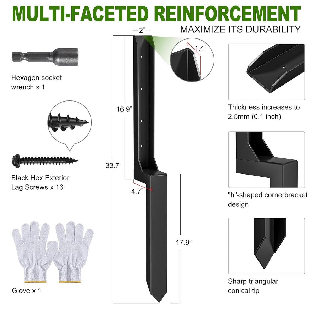 One-Piece Fence Post Repair Kit，Heavy Duty Steel Fence Post Anchor Ground Spike ，Quick Fix