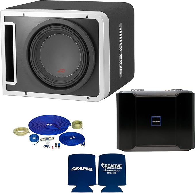 Alpine R-SB10V Pre-Loaded R-Series 10-inch Subwoofer Enclosure, Alpine R-A75M 750 Watt Mono