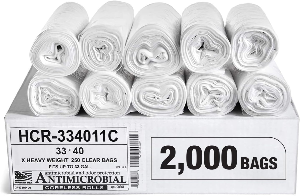 Aluf Plastics High Density Trash Bags, 33 Gallon, 2000 Count, 11 Micron (eq), 33" x 40", Clear, for