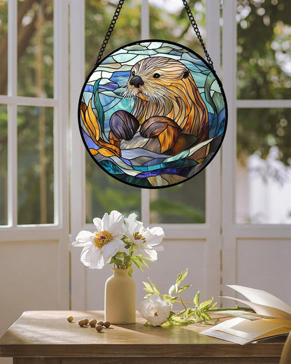 Stained Glass Suncatcher, Blue Ocean Cute Sea Otter Sun Catcher Stain Glass Window Hanging