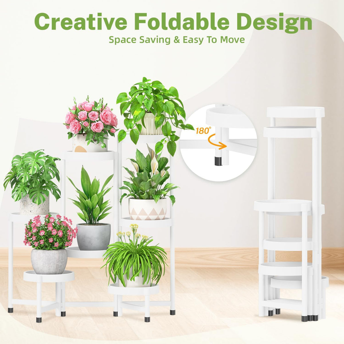 iDavosic.ly 7 Tier Folding Plant Stand Indoor Outdoor with Plastic Tray, Tiered Corner Flower