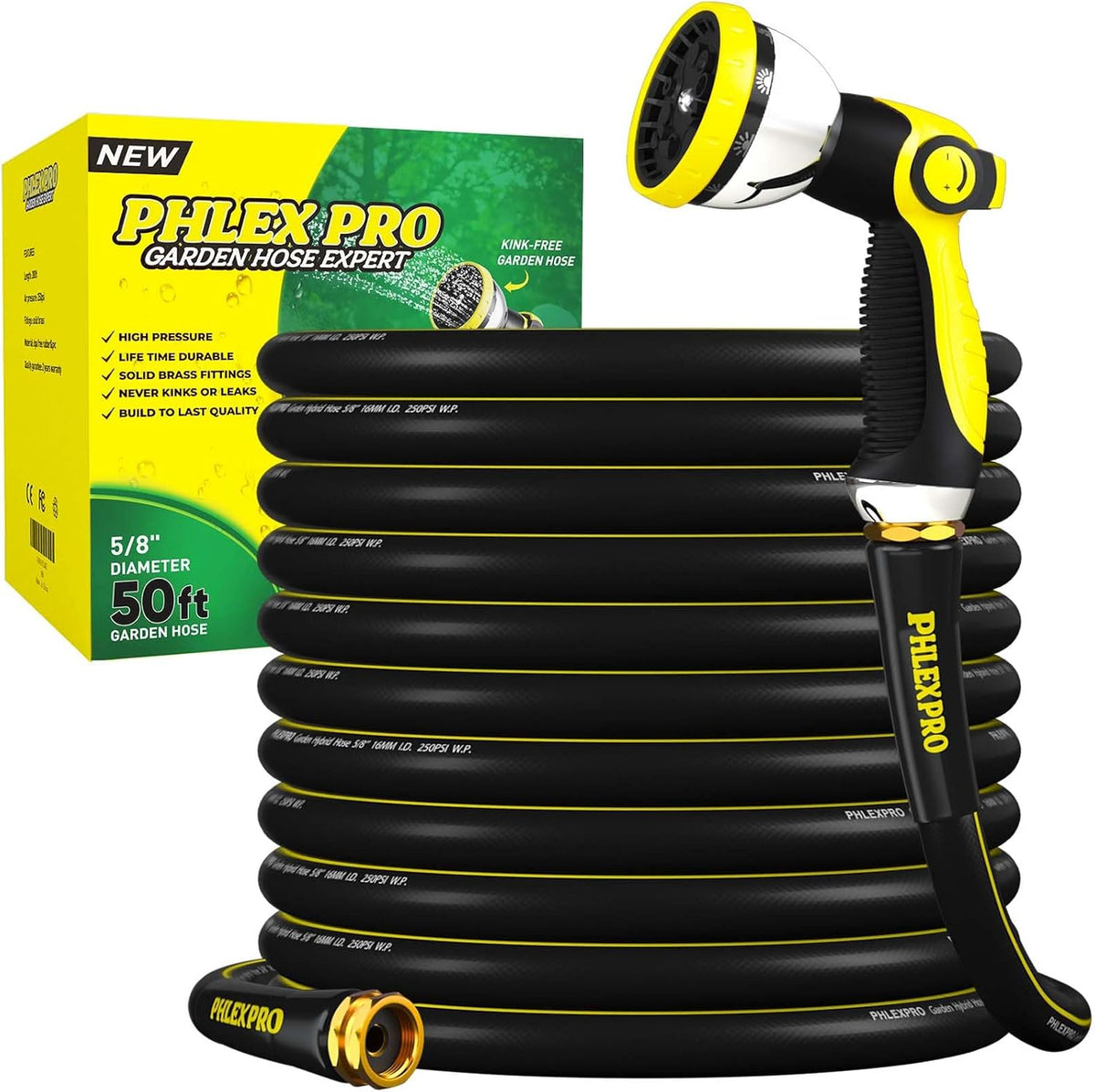 Garden Hose 50FT with 10 Pattern Spray Nozzle - PHLEX PRO Heavy-Duty Premium 5/8'' Rubber 3-Layer