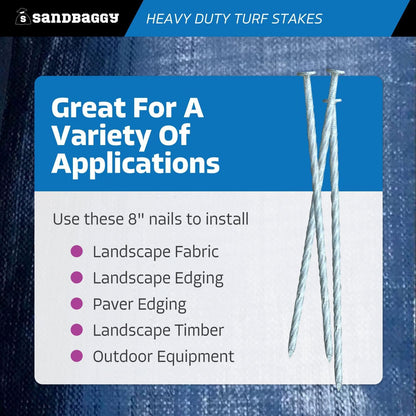 Sandbaggy 8" Heavy Duty Galvanized Artificial Turf Stakes - Spiral Landscape Nails - Ground