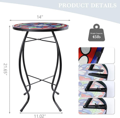 MUMTOP Side Patio Tables-Mosaic Outdoor Side Table - 14’’ Symmetrical Pattern Glass Accent Round