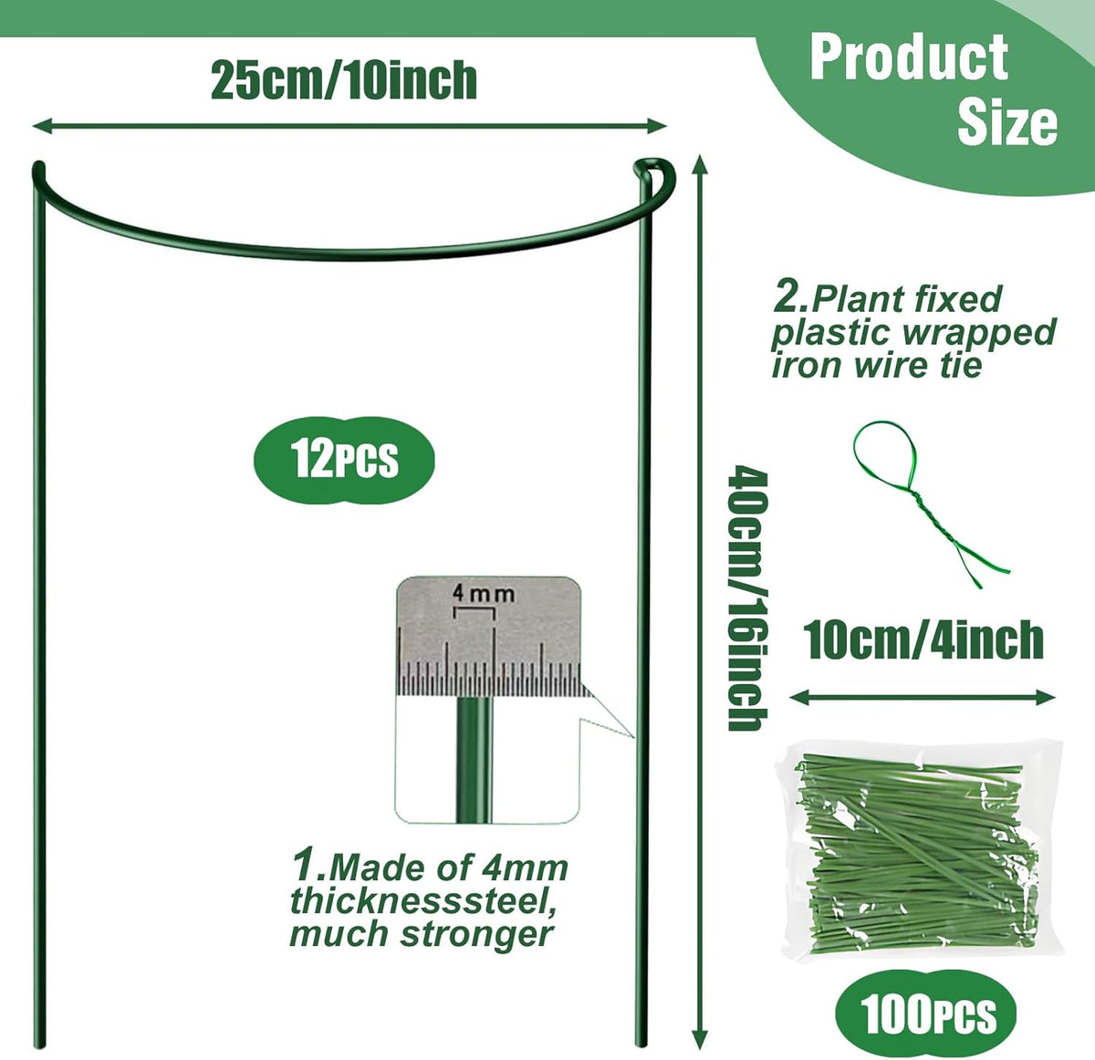 LINGHUI 12 Pack Plant Support Stakes, 10" Wide x 16" High,Heavy-Duty Half Round Peony Support Ring