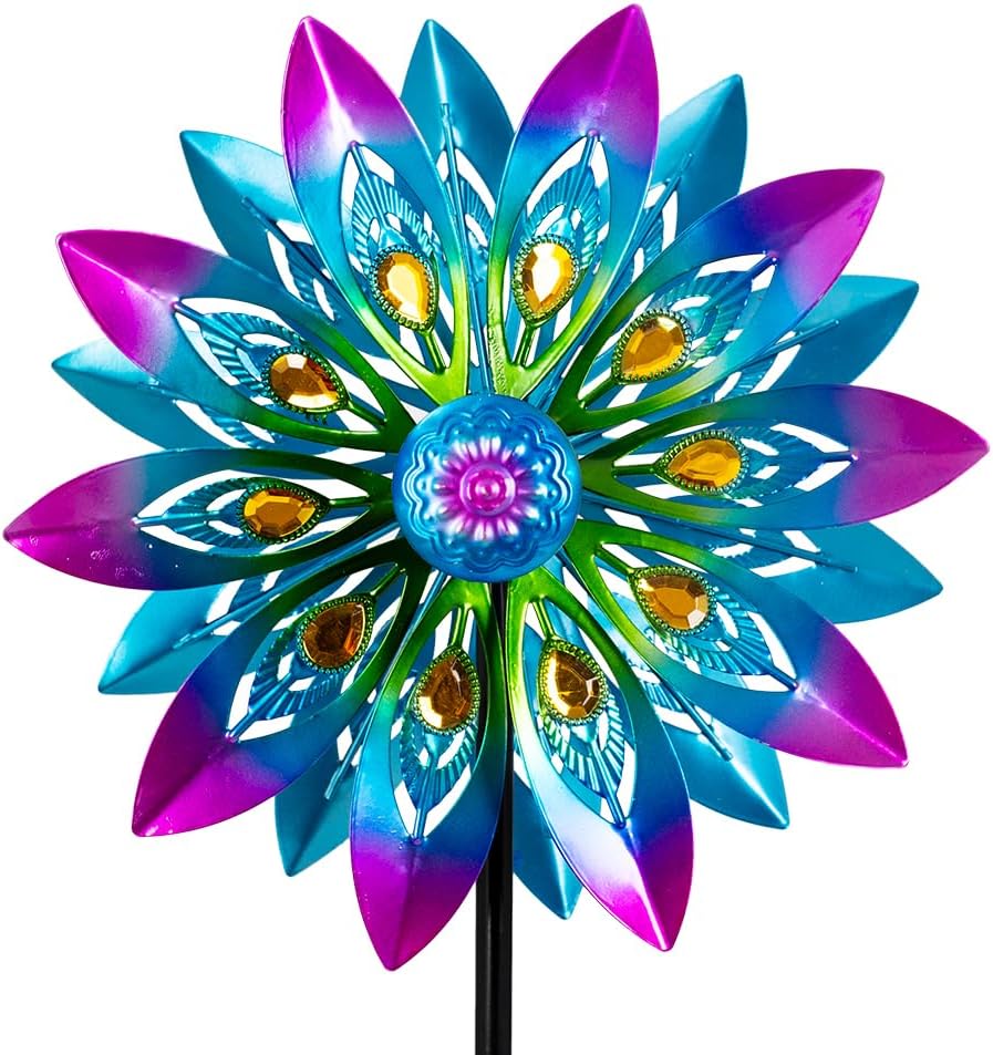 Metal Wind Spinner,13” Wind Spinners Outdoor,Peacock Windmill with Stake,Kinetic Wind Spinners for