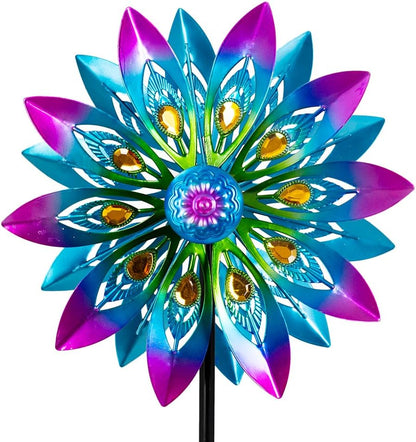 Metal Wind Spinner,13” Wind Spinners Outdoor,Peacock Windmill with Stake,Kinetic Wind Spinners for