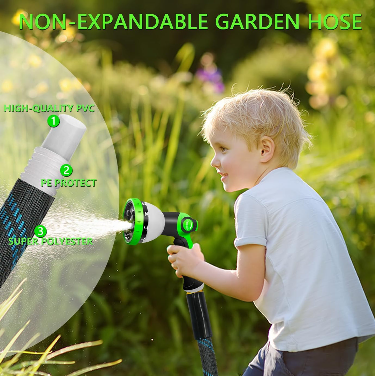 Garden Hose 50FT, NON-EXPANDABLE Heavy-Duty Flexible & Lightweight Water Hose with 10-Function