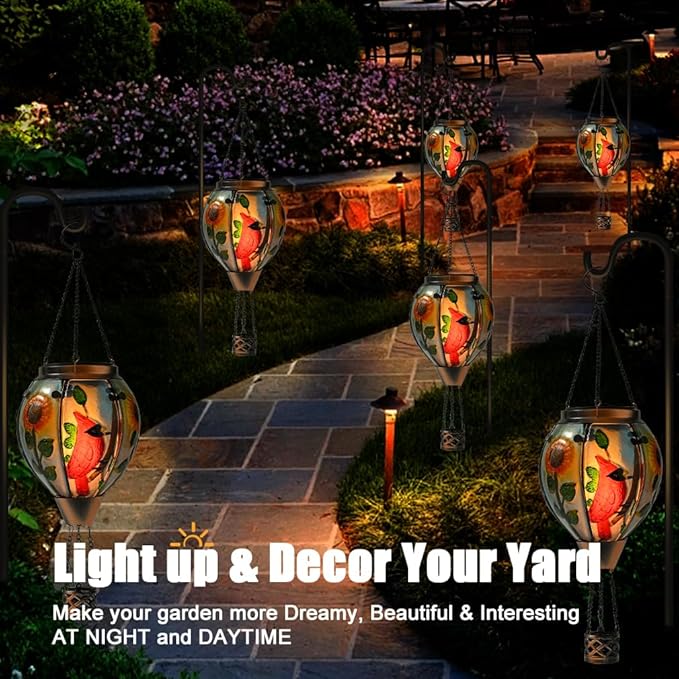 Hot Air Balloon Solar Lantern - Cardinal Bird Glass Lantern, Simulated Flickering & Dancing Flame