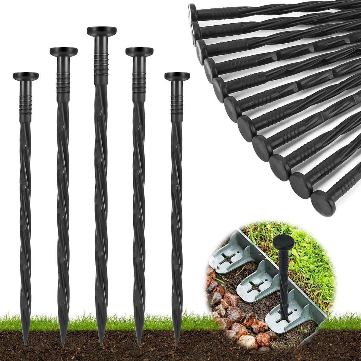 Landscape Edging Stakes, 200 Pcs 8" Plastic Garden Spikes, Spiral Nylon Anchoring Spikes for Paver