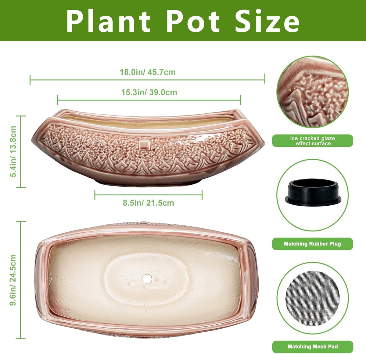 Large Bonsai Pots - 18 Inch Ceramic Succulent Pots with Drainage Hole, Bonsai Planter for Indoor