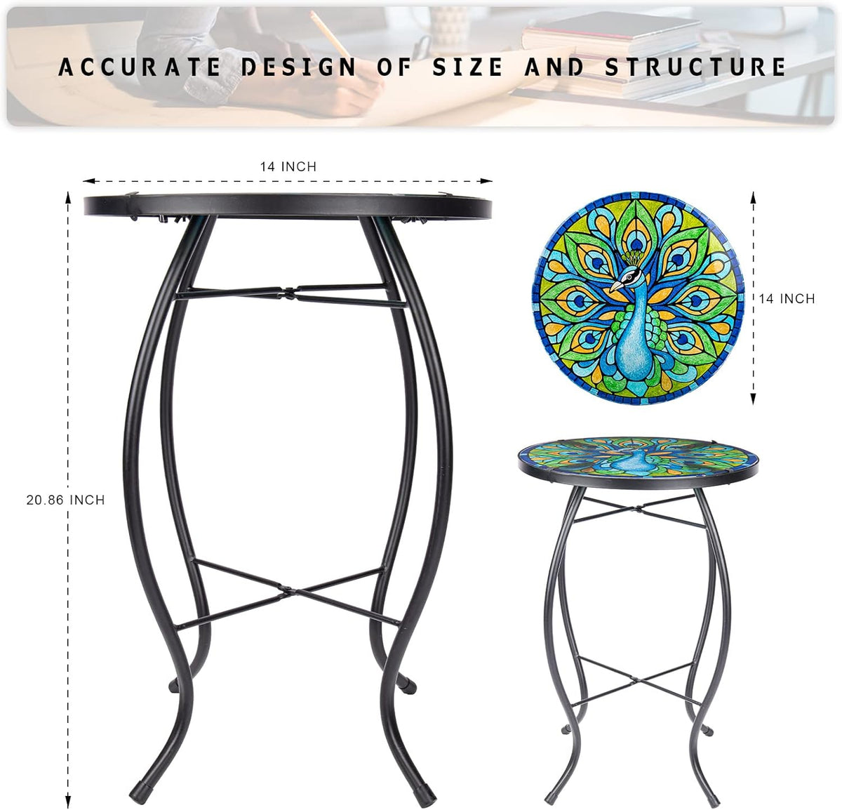 MUMTOP Outdoor Side Table - Small Mosaic Patio Tables, 14” Round Accent End Coffee Glass Plant
