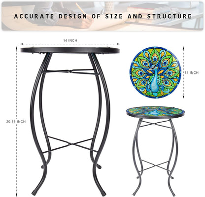 MUMTOP Outdoor Side Table - Small Mosaic Patio Tables, 14” Round Accent End Coffee Glass Plant