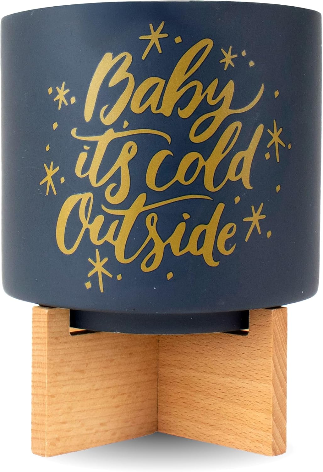 Ceramic Holiday Planter Pot with Wood Stand, Baby It's Cold Outside Design, Navy Blue & Gold, Holds