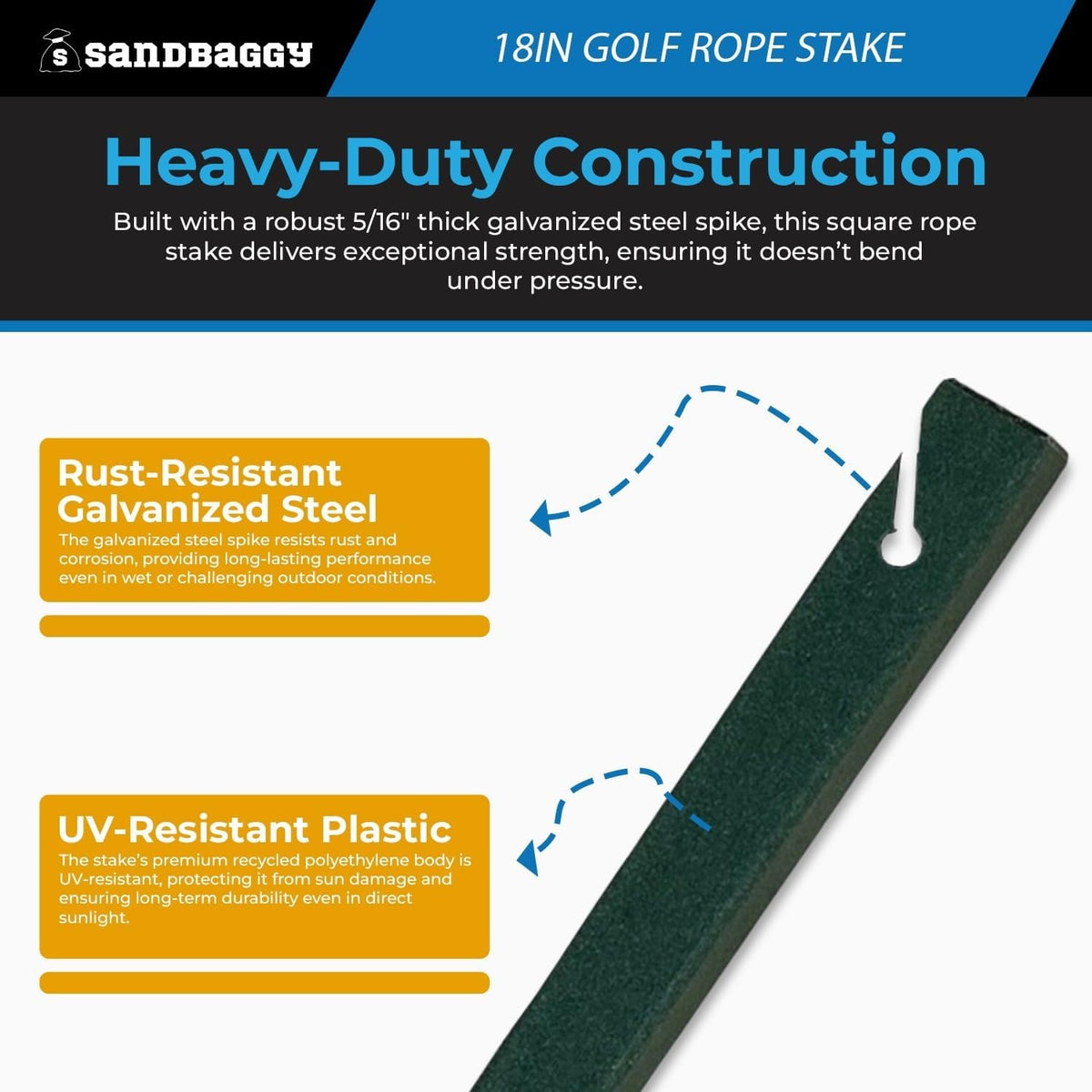 18" Golf Rope Stake - Square Stake (UV Resistant) - Sandbaggy (18-inch, 3, Count)