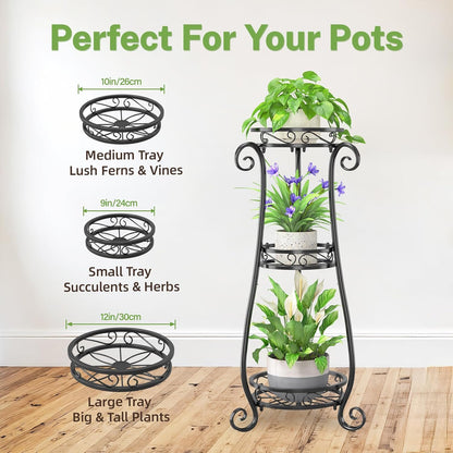 iDavosic.ly 3 Tier Metal Plant Stand Indoor Outdoor, Wrought Iron Corner Tall Flower Pot Holder