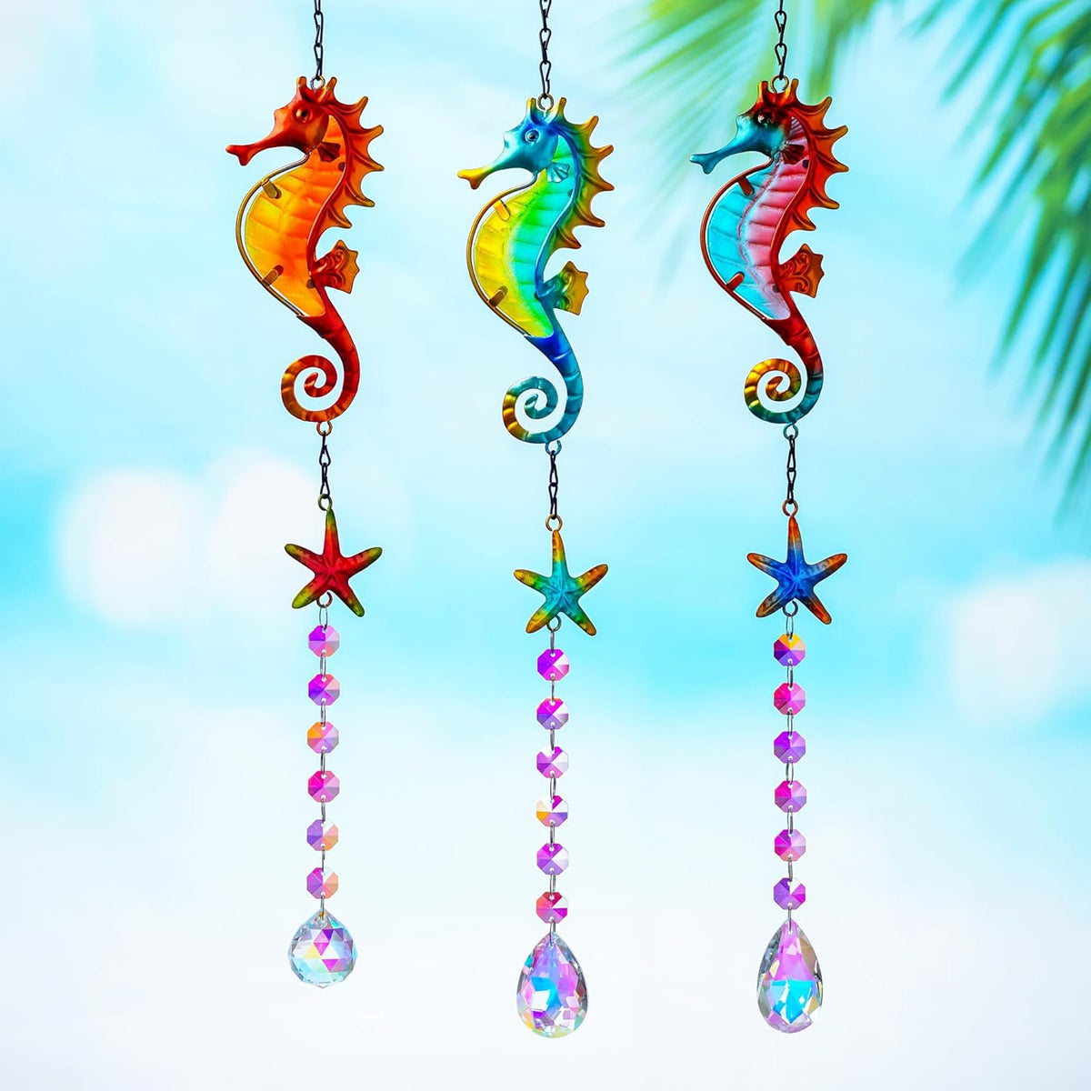 3PCS Metal Seahorse & Starfish Hanging Sun Catchers with Crystals, Colorful Crystal Prisms Stained