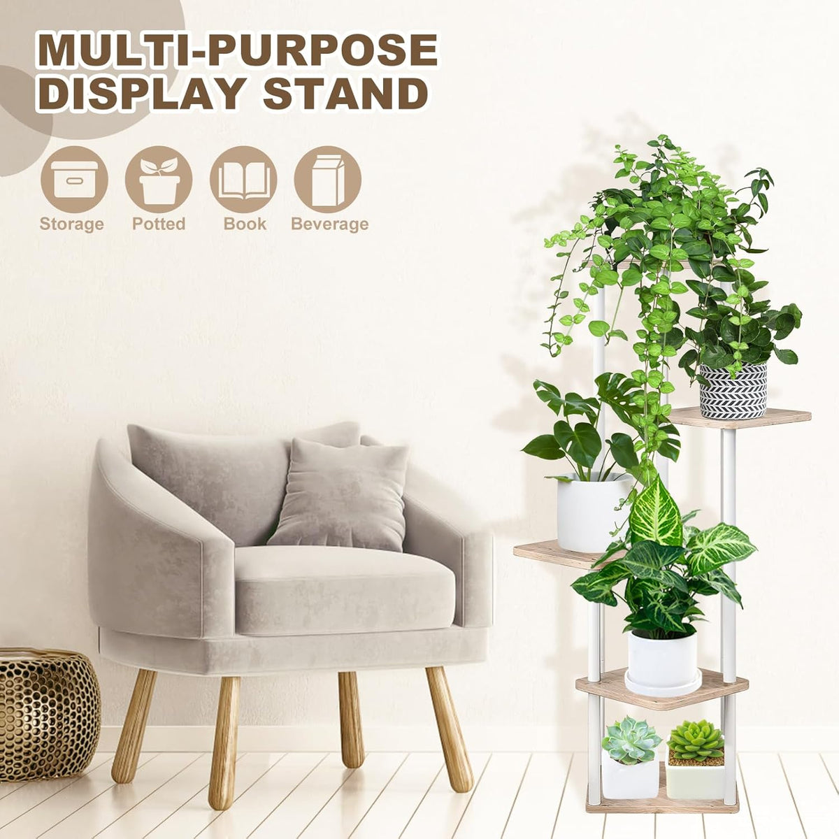 5 Tier Wood Tall Plant Stand Metal Rack Indoor, Multiple Flower Pot Holder Shelves Corner Rack