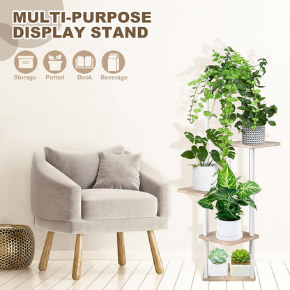 5 Tier Wood Tall Plant Stand Metal Rack Indoor, Multiple Flower Pot Holder Shelves Corner Rack