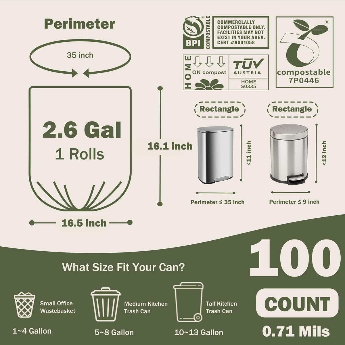 Compostable Trash Bags, 2.6 Gallon, 100 Count, 100% Compost Waste Bags for Kitchen Bathroom Office