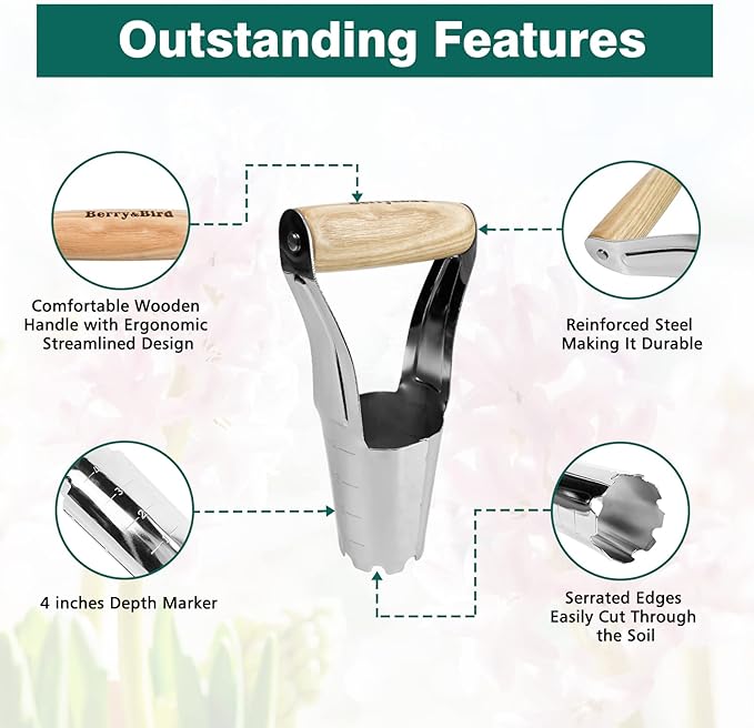 Berry&Bird Garden Bulb Planter with 4 Inches Depth Mark, Stainless Steel Gardening Bulb