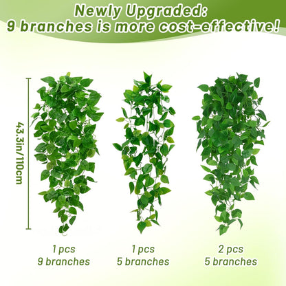 BLEUM CADE 8Pcs Fake Hanging Plants, 9 Branch Artificial Hanging Plant, Lush Faux Pothos Vines for