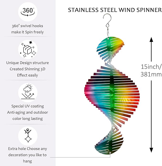 Wind Spinner Rainbow Wave Wind Spinners for Yard and Garden,15in Hanging Kinetic Yard Art Wind