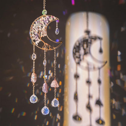 TUOKING Crystal Moon Suncatchers for Window Hanging Tree of Life Natural Healing Stones Wind Chimes
