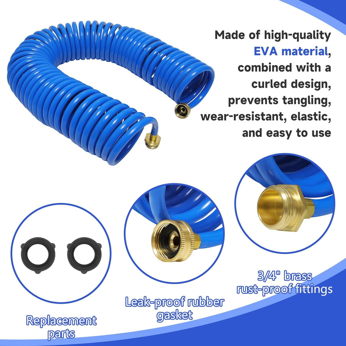 Coil Hose,3/8" EVA Coil Garden Hose 25 FT,Curly Water Hose Lightweight with Brass Connectors,Recoil