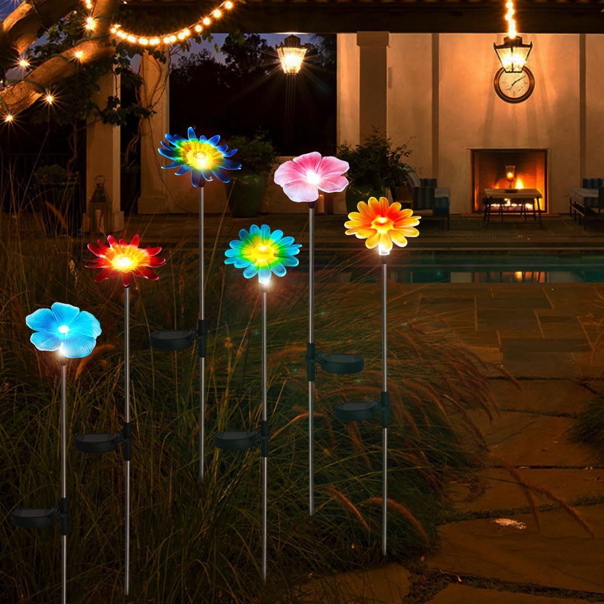 EiGreen 6 Pack Solar Garden Lights Outdoor Decor,Stake Yard Figurine Colorful Flower Light