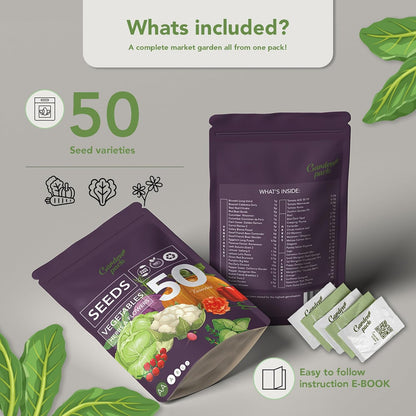 Garden Pack Seeds Pouch - 50 Varieties of Vegetable, Herb & Flower Seeds for Planting - 25,000 Non