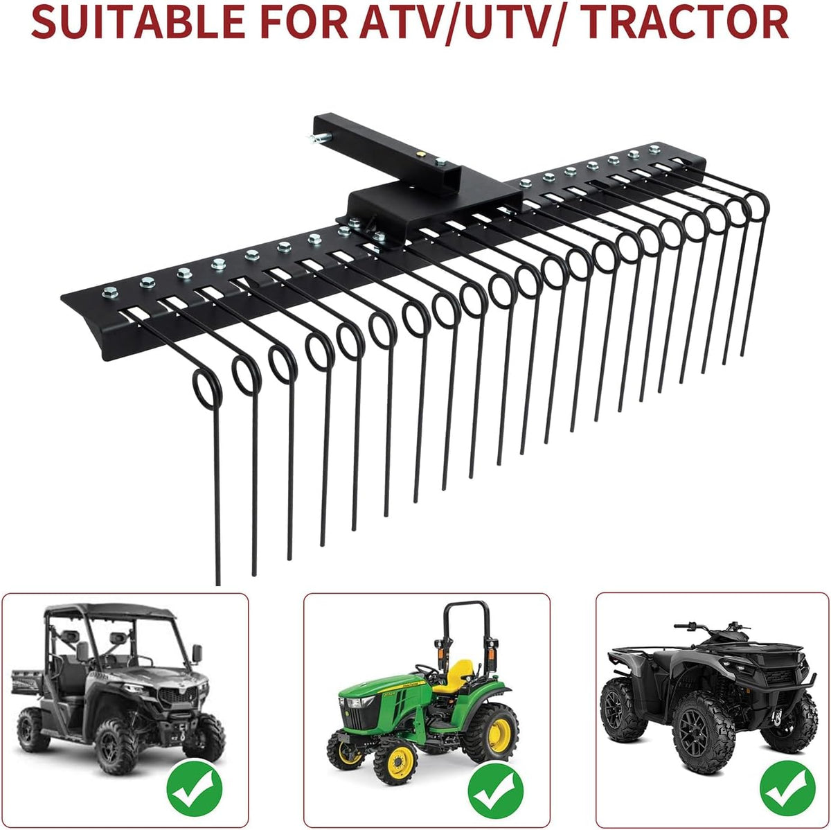 5FT Durable Pine Straw Rake Steel Spring Landscape Rake Fits 2" Receiver for Lawn Tractors or