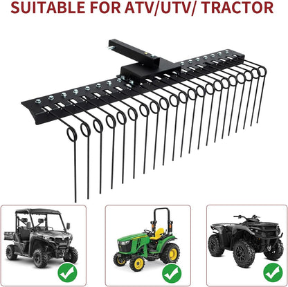 5FT Durable Pine Straw Rake Steel Spring Landscape Rake Fits 2" Receiver for Lawn Tractors or