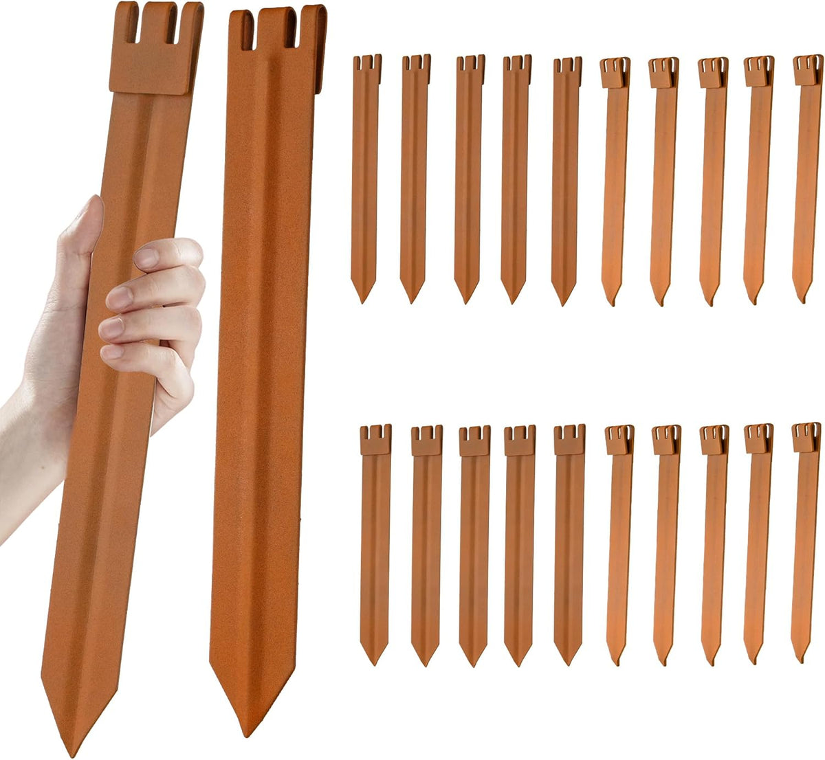 20PCS Brown 10in Hollow-Carved Metal Landscape Edging Stakes,Galvanized Steel Stakes for Corrugated