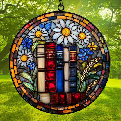 Floral Stack of Bookks Acrylic Suncatcher Stained Glass Effect Window Car Hanging Christmas