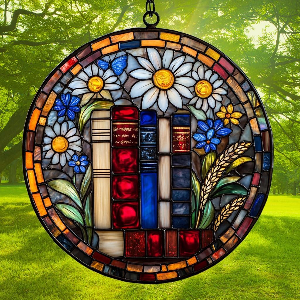 Floral Stack of Bookks Acrylic Suncatcher Stained Glass Effect Window Car Hanging Christmas