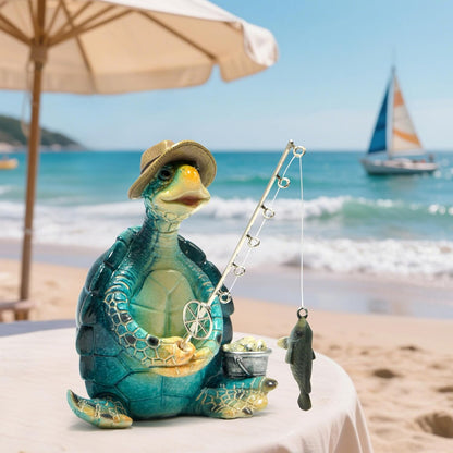 Hodao Sea Turtle Fishing Figurines Decoration Summer Turtle Crafts for Home Office Desk Decor