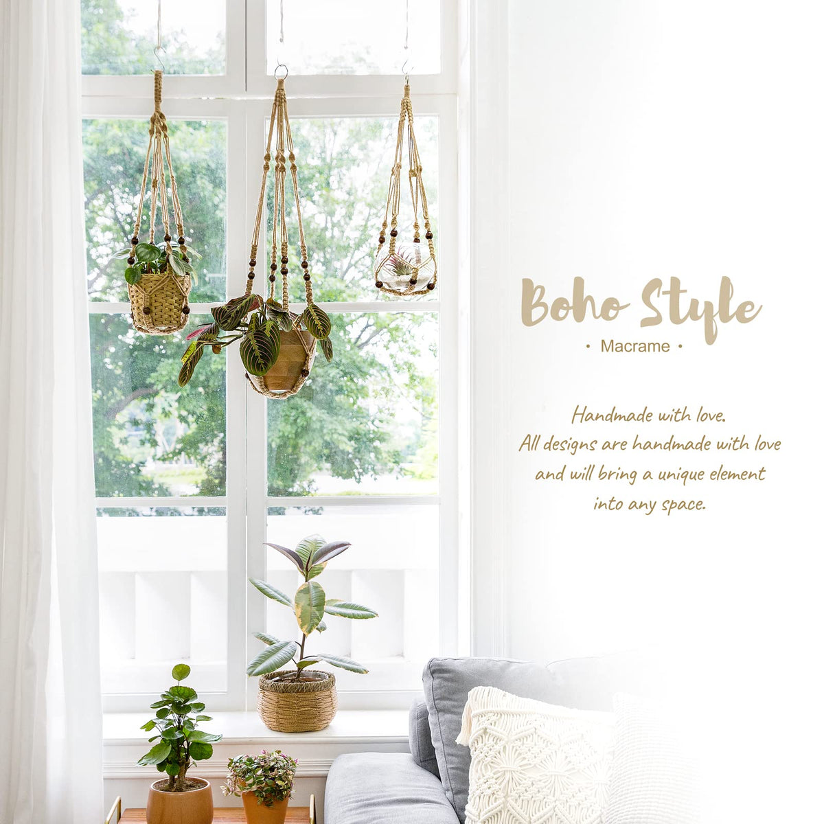 Mkono Macrame Plant Hanger Indoor 35 Inch Hanging Planter Basket Brown 1Pc