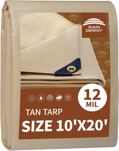 RAINDEWAY 10x20 Feet Heavy Duty Tarp,12 Mil Tan Waterproof Poly Tarp Cover,UV