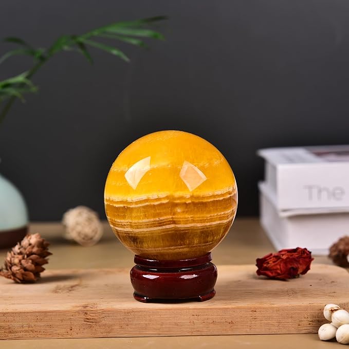 JIC Gem Natural Yellow Fluorite Crystal Sphere with Wooden Stand,Decorative Crystal Ball Yellow