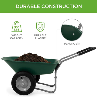 Best Choice Products Dual-Wheel Home Utility Yard Wheelbarrow Garden Cart w/Built-in Stand for