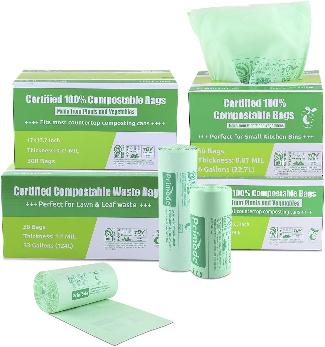 Primode Compostable Bags, 6 Gallon Food Scraps Yard Waste Bags, 100 Count, Extra Thick 0.87 Mil.